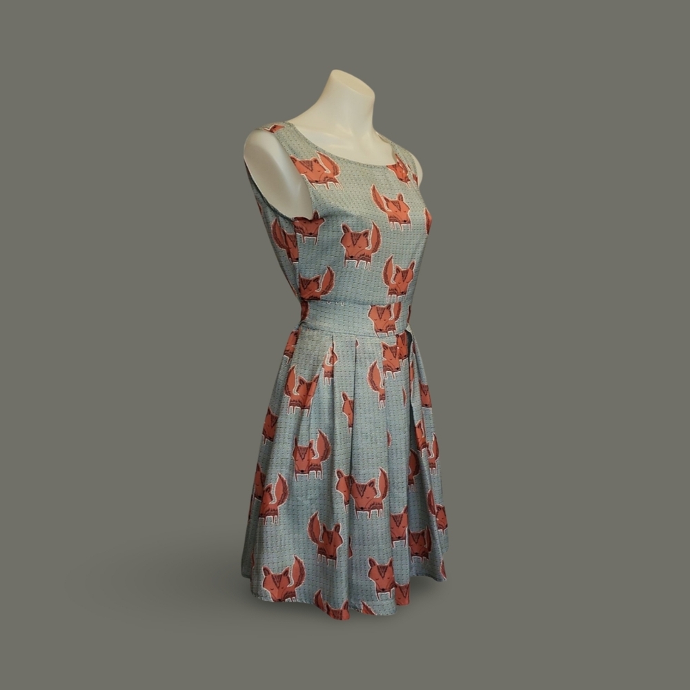 L.A. Soul Fox Print Fit & Flare Sleeveless Tie Dress Blue Orange S Polyester - Picture 6 of 10